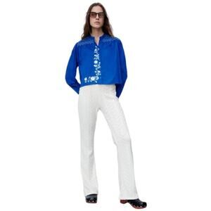 Zara Embroidered Cotton Floral Blouse Blue and White Cotton Size Large